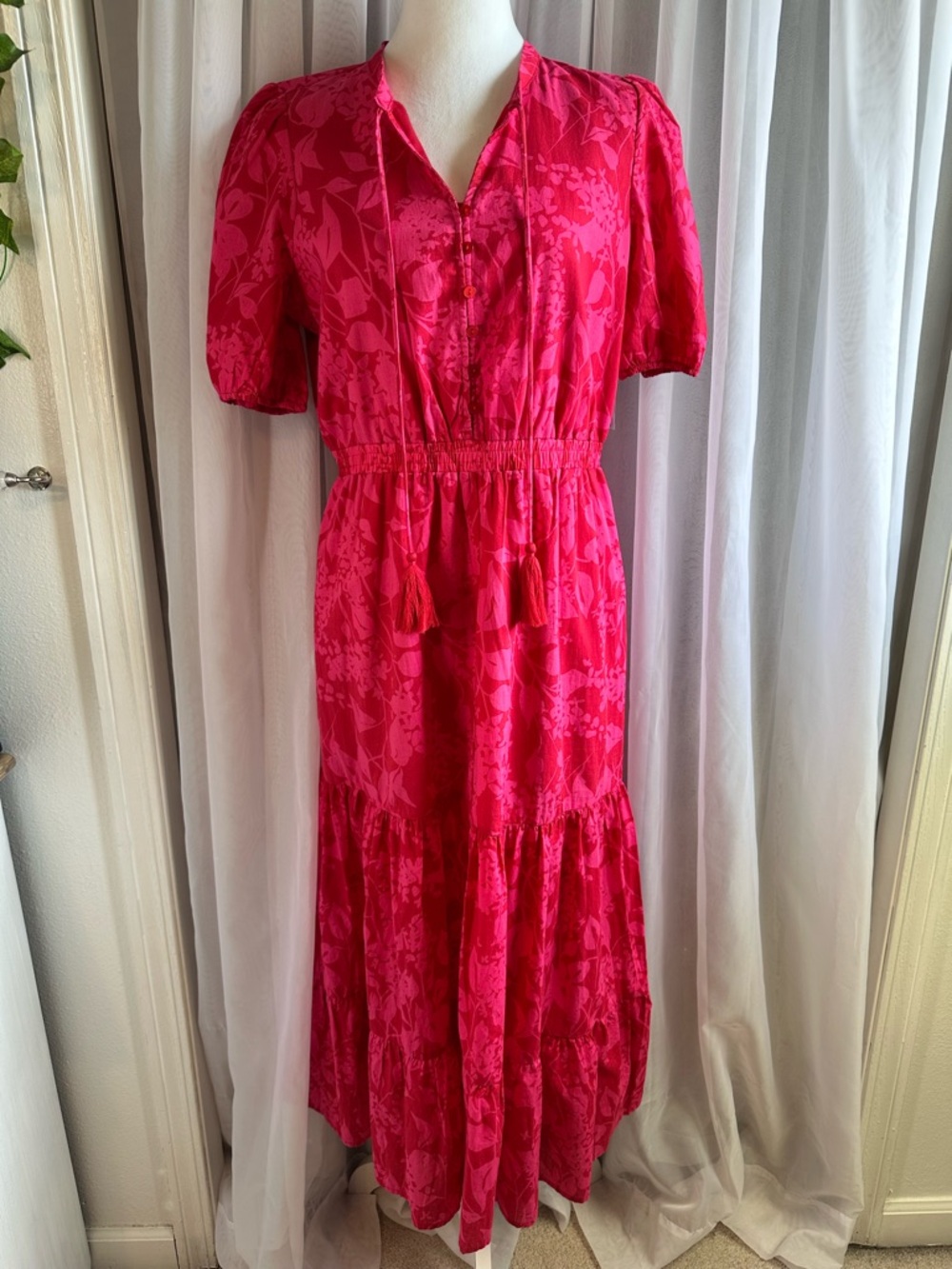 Laurel Grey Red Pink Floral Tiered V-neck Tassel Tie Cotton Maxi Dress Size S